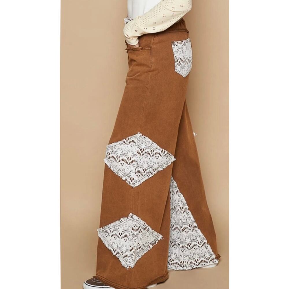 Pol  NWOT Jeans Brown Crochet Lace Denim Wide Leg Size S